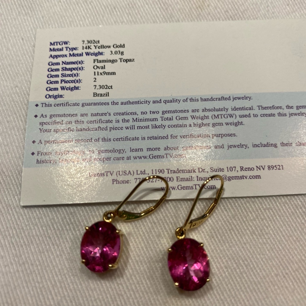 14 karat gold Flamingo Pink topaz earrings